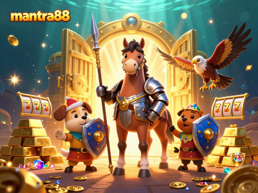 Engage with mantra88's thrilling casino games in this vibrant illustration featuring winners and treasures.