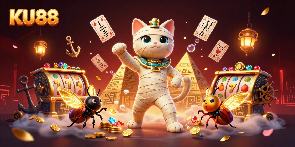Spin the reels with KU88 in an Egyptian pyramid casino, surrounded by vibrant treasure and characters.