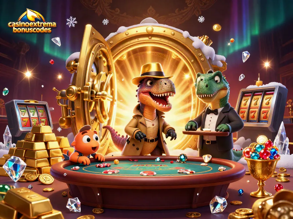 Casino Extreme bonus codes scene with animated characters at blackjack table and slot elements