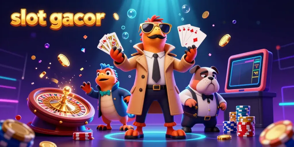 Engage with slot gacor while cartoon raptors cleverly disguise themselves in front of a casino lounge.