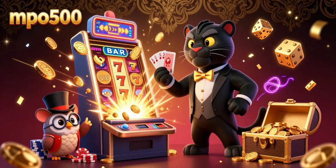 Join the fun with mpo500: a stylish panther dealing cards amidst vibrant casino excitement and jackpot thrills.