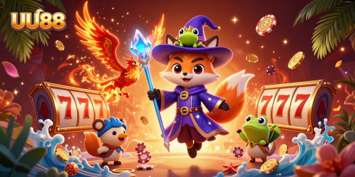 Experience thrilling action at UU88 with a mystical wizard fox and fiery phoenix surrounded by slot games.