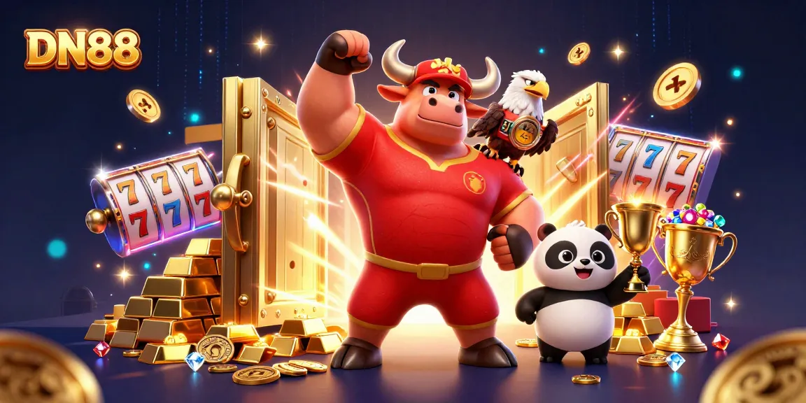 Experience the excitement of DN88 with a triumphant bull mascot, eagle, and panda surrounded by casino treasures.