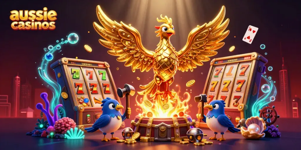 Experience the excitement of aussie casinos with a dynamic illustration of a golden phoenix and gaming elements.