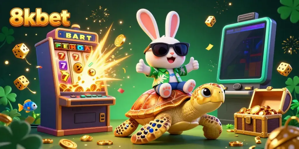 Experience thrilling gameplay at 8kbet with our lucky rabbit celebrating big wins amidst vibrant casino symbols.