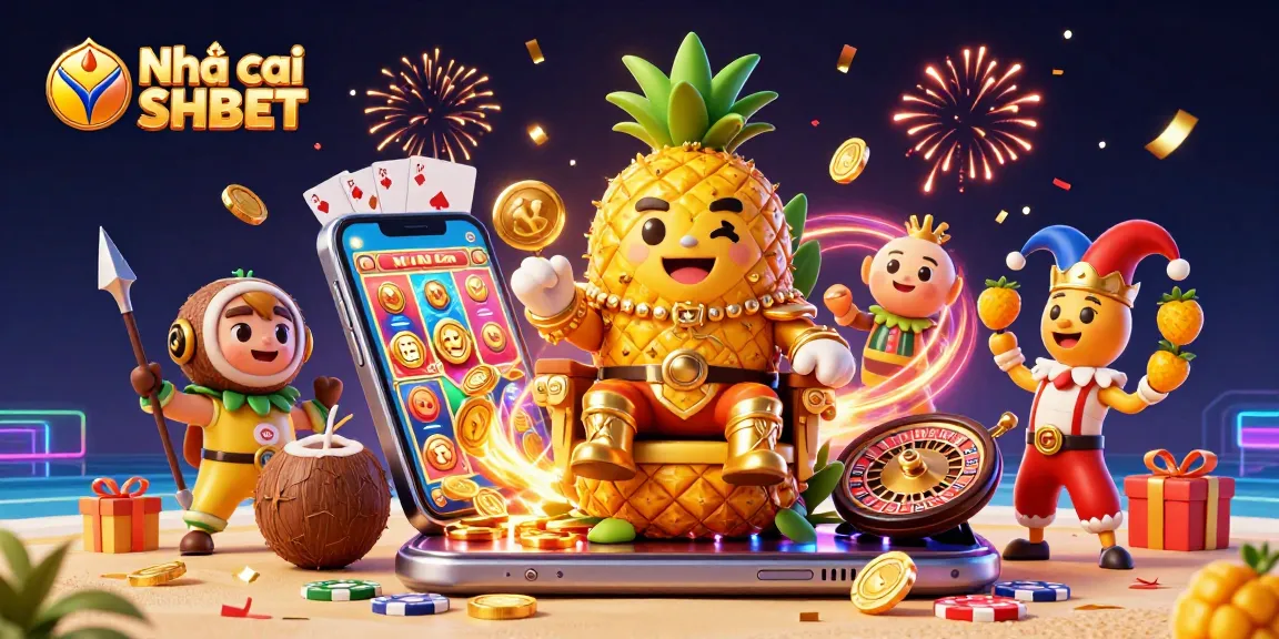 Engage with Nhà cái SHBET through a vibrant 3D casino scene displaying a golden pineapple king and immersive game elements.