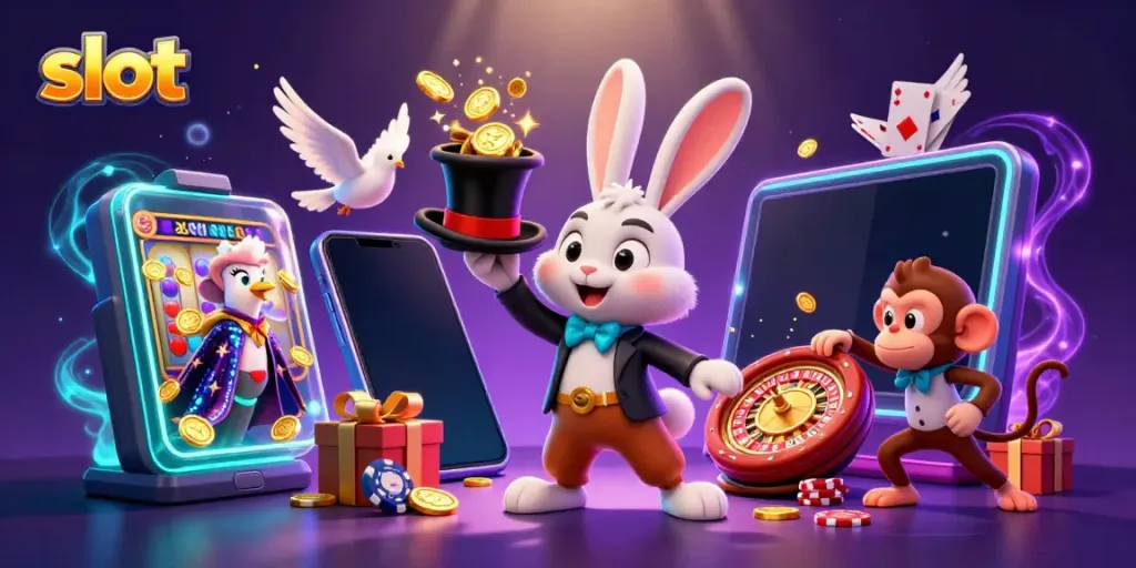 Slot permainan memikat dengan karakter kelinci penyihir dan koin emas berpadu dalam ilustrasi 3D.