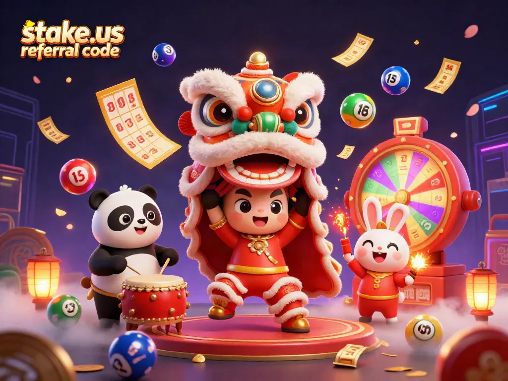 Experience the excitement of gaming with the stake.us referral code in a vibrant casino scene featuring a lion dance and colorful lottery balls.