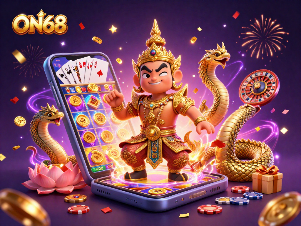 Experience the gaming thrill at ON68 with vibrant images of slot games and casino action.
