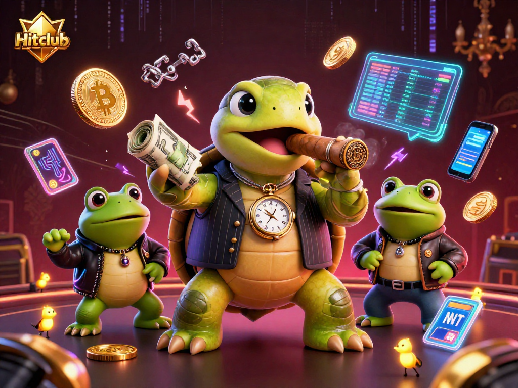 Experience Hitclub's thrilling action with a dynamic 3D scene featuring a mobster turtle and bullfrog enforcers.