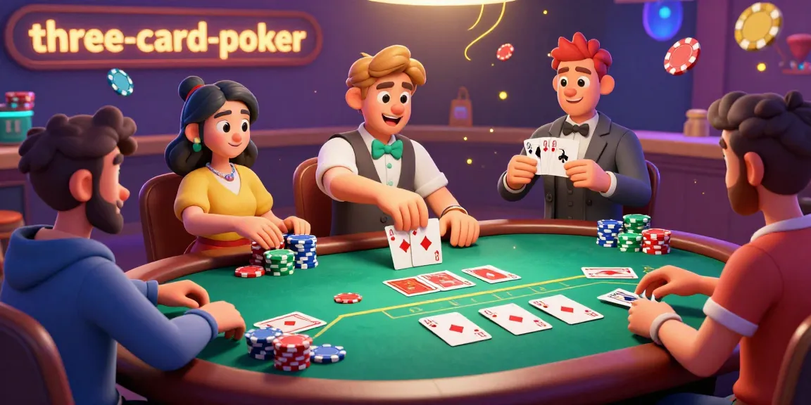 Players enjoying thrilling three-card-poker action with colorful chips and cards in a lively casino.