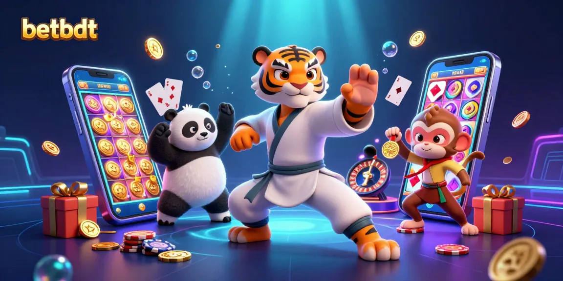 Experience the thrill of betting at betbdt with a colorful slot game scene featuring playful characters.