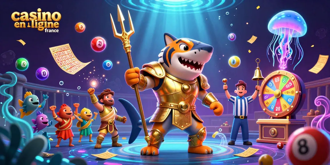 Découvrez l'arène du "casino en ligne france" avec un requin-tigre guerrier et des boules de loterie.
