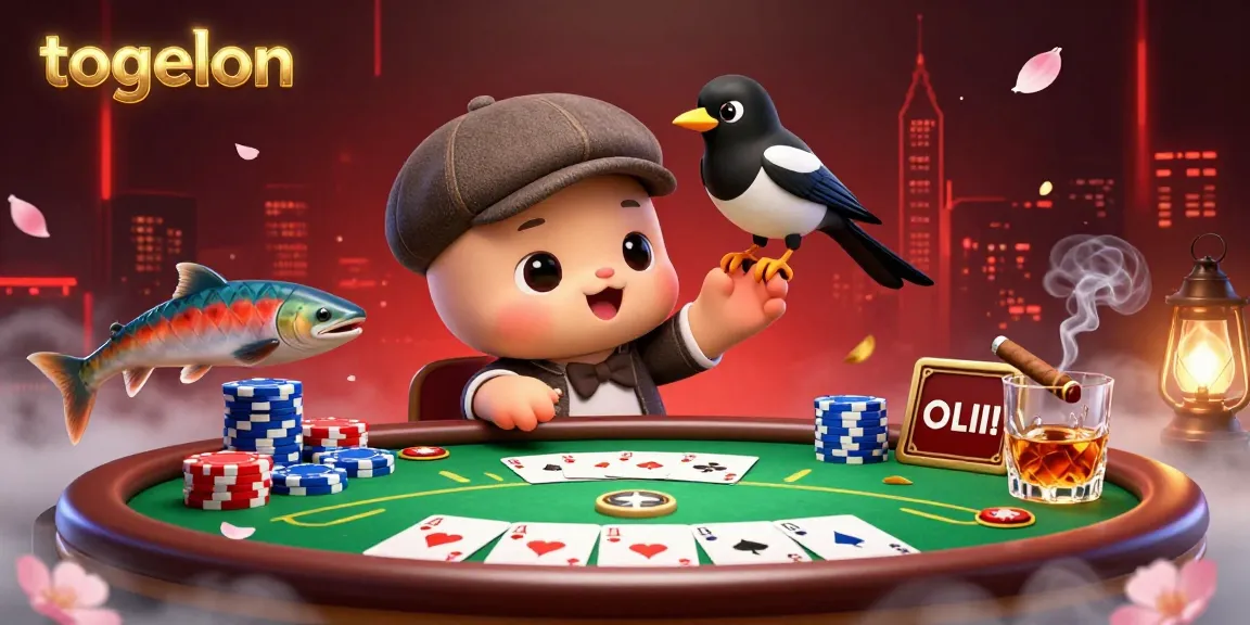 Engage with togelon: A fun illustration featuring cartoon characters around a vibrant poker table, showcasing a lively casino atmosphere.
