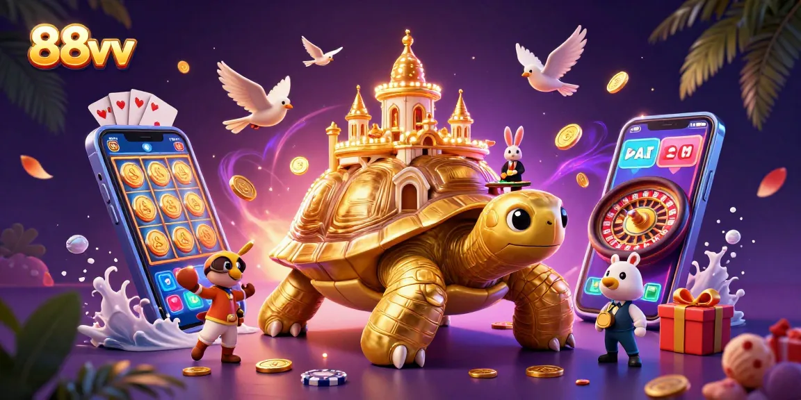 Play rich slot games at 88vv with our vibrant casino-themed illustration showcasing a golden tortoise.