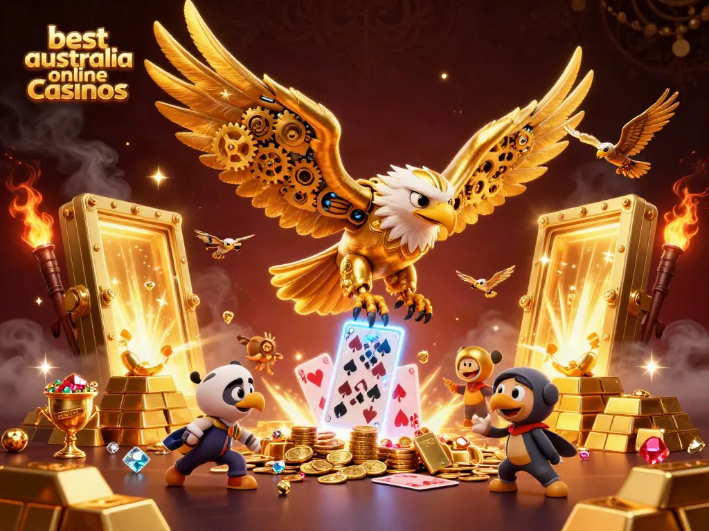 Engage with the best Australia online casinos in a vibrant 3D scene featuring a cybernetic eagle among treasures and holographic cards.