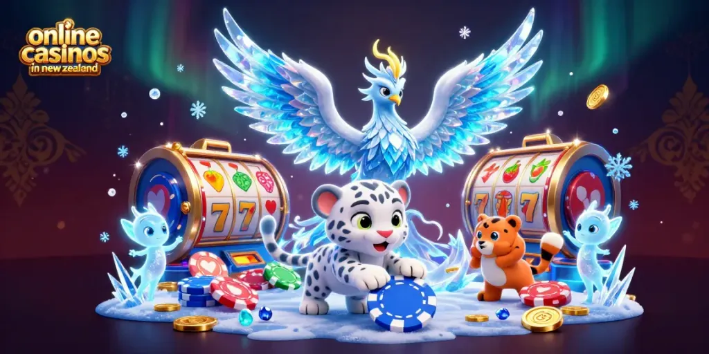 Explore the vibrant world of online casinos in New Zealand with engaging characters and casino elements.