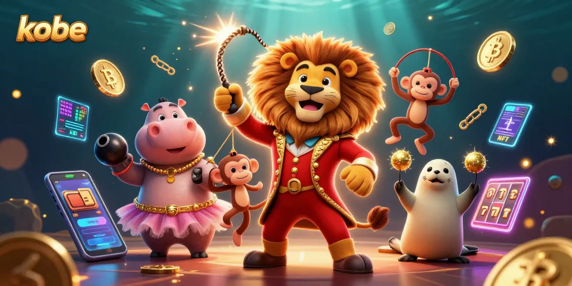 Kobe-themed 3D circus scene depicting casino action with lively characters and crypto symbols