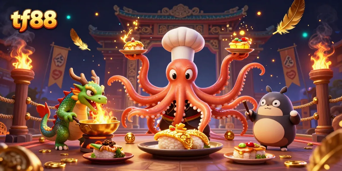 Experience the excitement of tf88 with a vibrant 3D casino scene featuring an octopus chef and dragon in action.