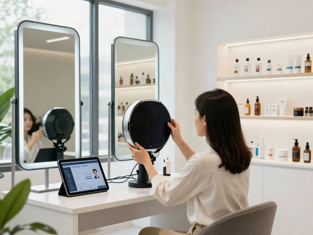 Client exploring Alternatives to QOVES in a modern beauty analysis studio.