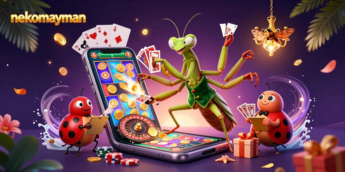 Engage with the thrilling world of nekomayman, featuring an animated praying mantis card sharp dealing cards amidst exciting slot game elements and colorful casino action.