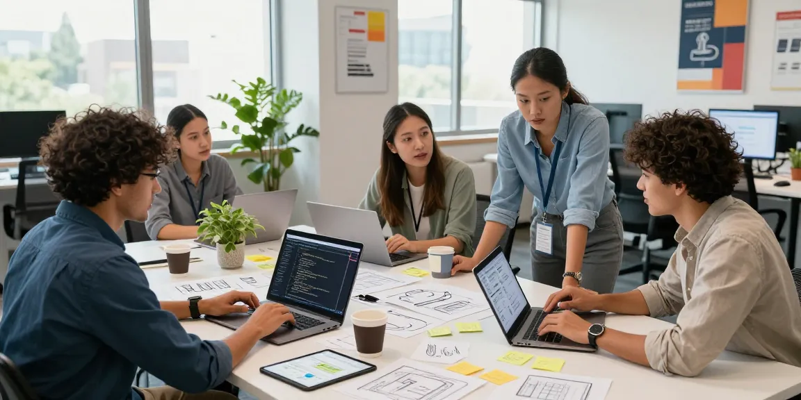 Build internal tools with AI in an innovative workspace with professionals collaborating over laptops.