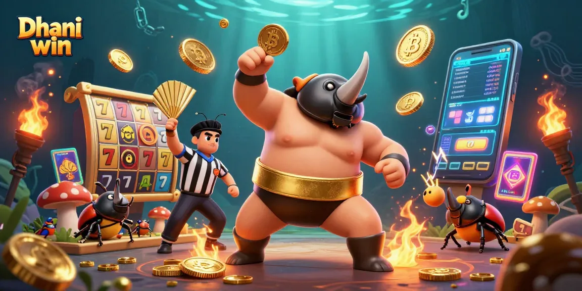 Dhani win features captivating slots action with a playful rhinoceros beetle sumo champion.