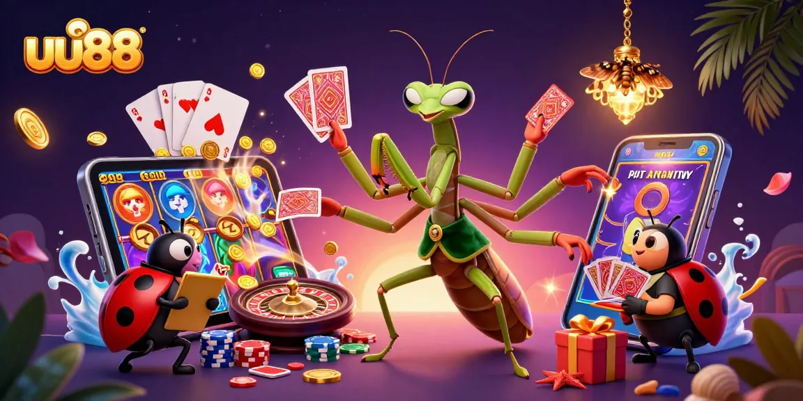 uu88 showcases a vibrant casino scene with a giant mantis card sharp and ladybug pit boss, highlighting slot games and dynamic action.