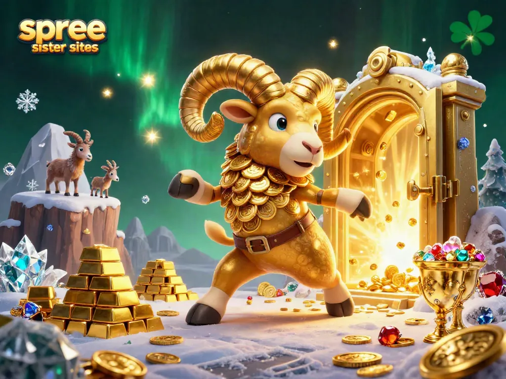 Explore top spree sister sites with golden ram characters amidst rich casino treasures.