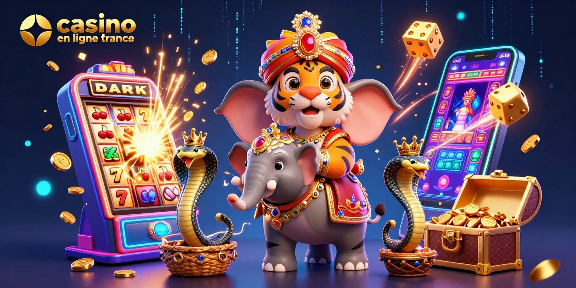 Venez découvrir l'univers coloré des jeux de casino en ligne France, avec un tigre royal et un éléphant décoré, symbolisant l'excitation des jackpots.