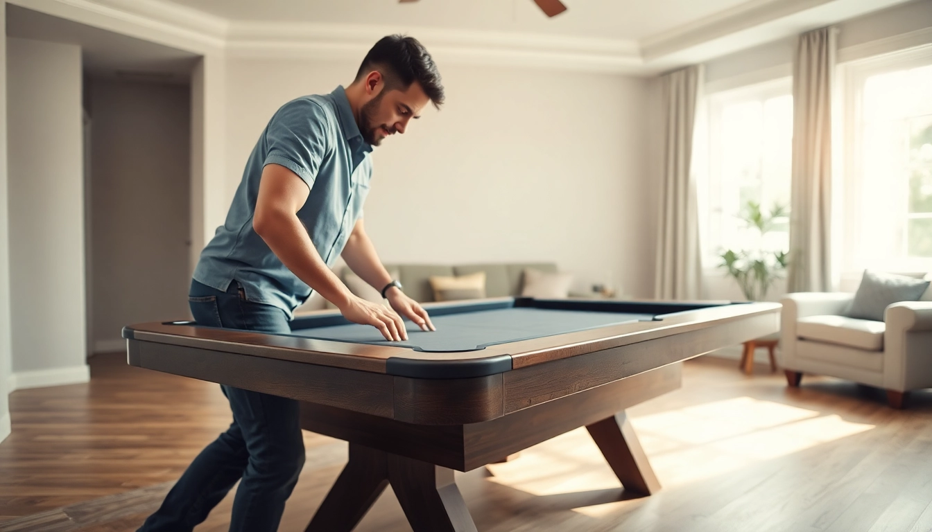 Skilled pool table mover dfw carefully relocating a pool table in a bright living room.