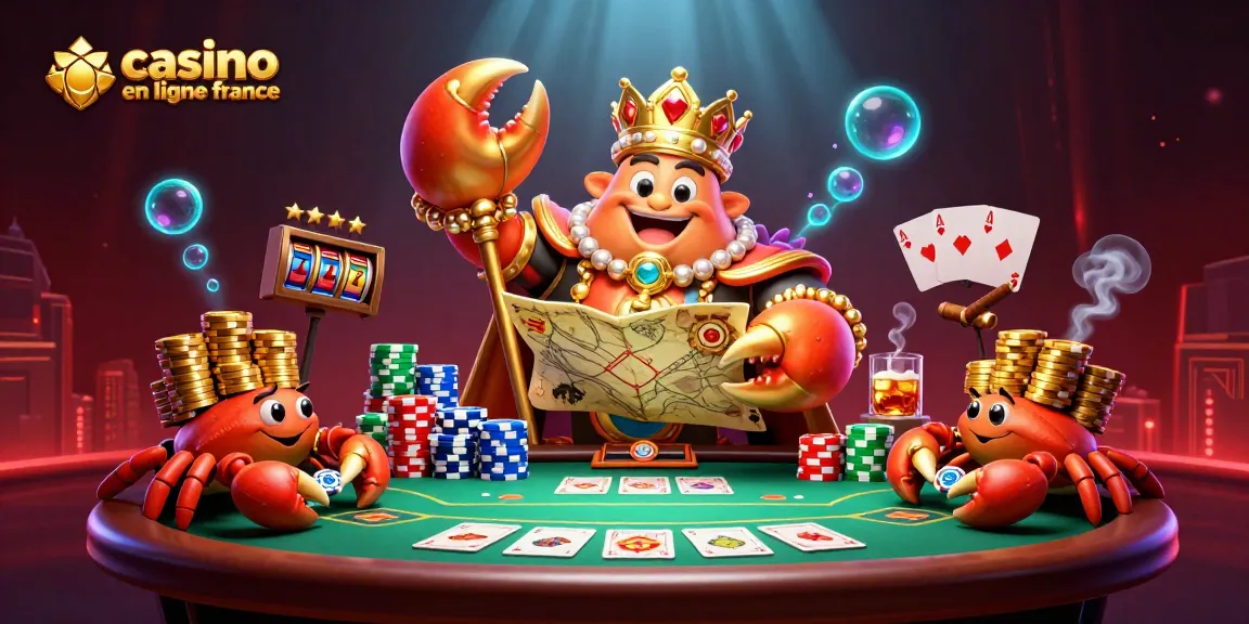 Illustration dynamique d'un empereur crabe doré avec un sceptre au casino en ligne France.