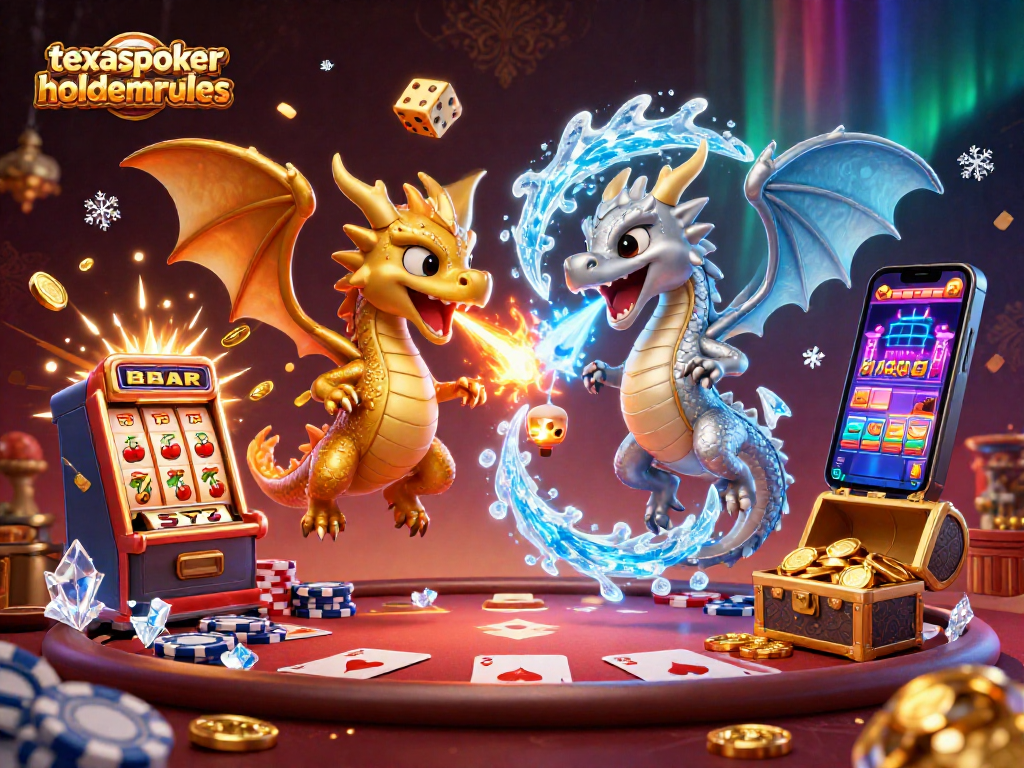 Engage in thrilling poker at texaspokerholdemrules with fiery and icy dragon duel illustration.