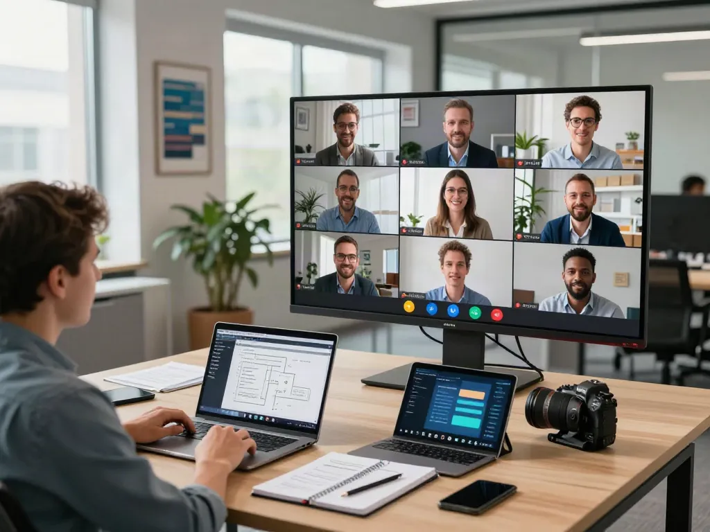 Dynamic video conferencing scene highlighting Deepfake protected Conferencing technology with a diverse team collaborating virtually.