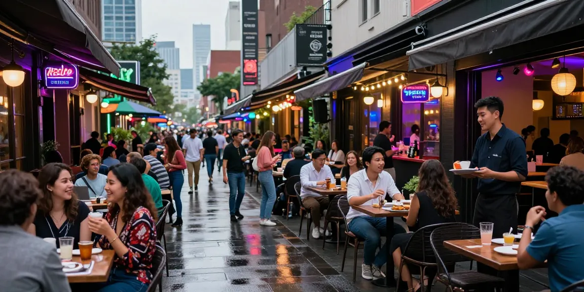 Exciting urban nightlife scene with diverse patrons enjoying popular 오피사이트 entertainment venues
