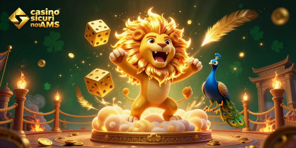 Gioca nei casino sicuri non AAMS con elementi dinamici e avvincenti, tra l'immagine di un leone solare e dadi scintillanti.