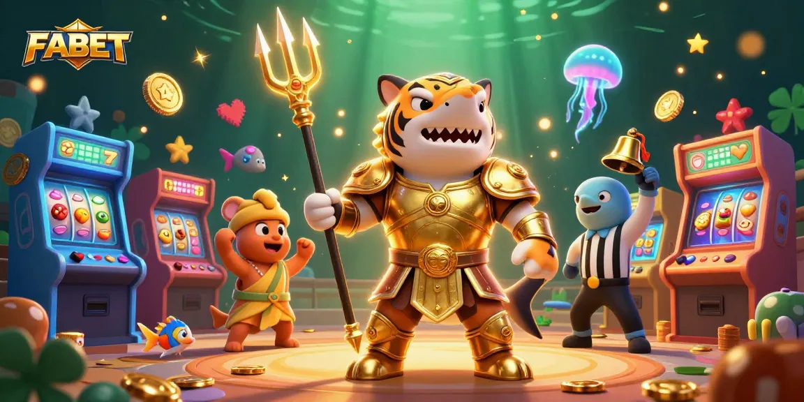 Engage with FABET's vibrant underwater casino scene featuring a warrior shark and colorful slot visuals.