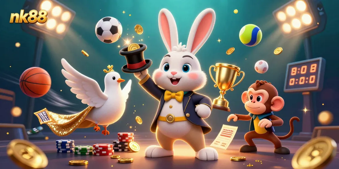 Engage in thrilling gaming moments at nk88 with the magician rabbit revealing golden coins in this vibrant casino scene.