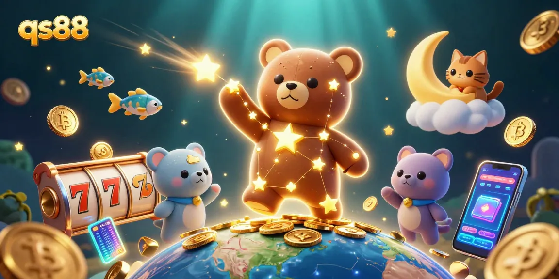 Scoop up coins in qs88's vibrant online gaming universe filled with golden stars and lottery reels.