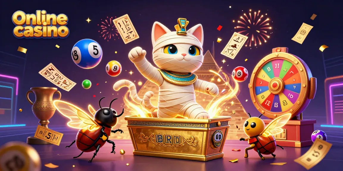 Experience the excitement of an online casino with a mummy cat and glowing scarab in a vibrant, animated scene.