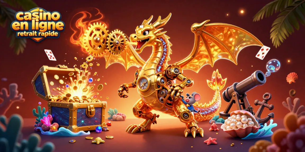 Illustration dynamique d'un dragon doré dans un casino en ligne retrait rapide, ajoutant des éléments fascinants comme des pièces d'or et des cartes flottantes.