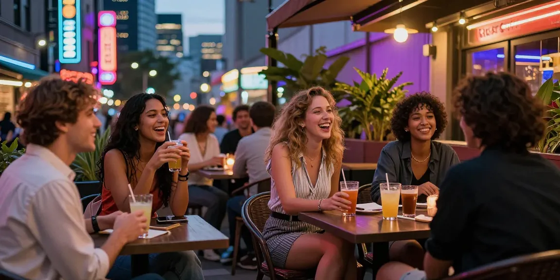 Friends enjoying drinks at a vibrant 오피사이트 in urban nightlife, featuring neon lights and stylish outfits.