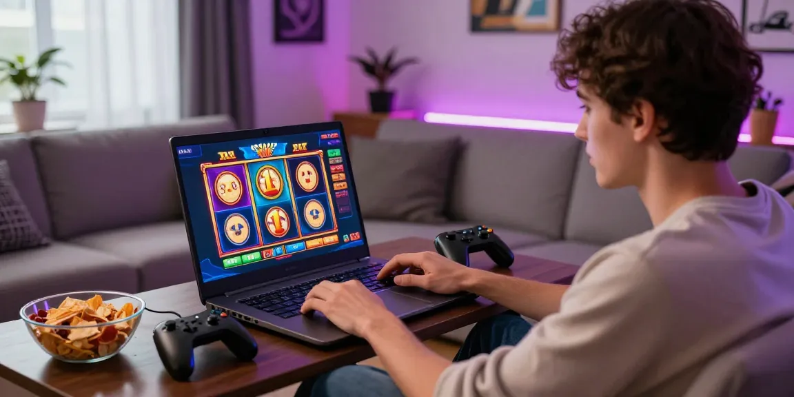 Player enjoying a slot deposit 5k experience on a modern laptop in a cozy living room.