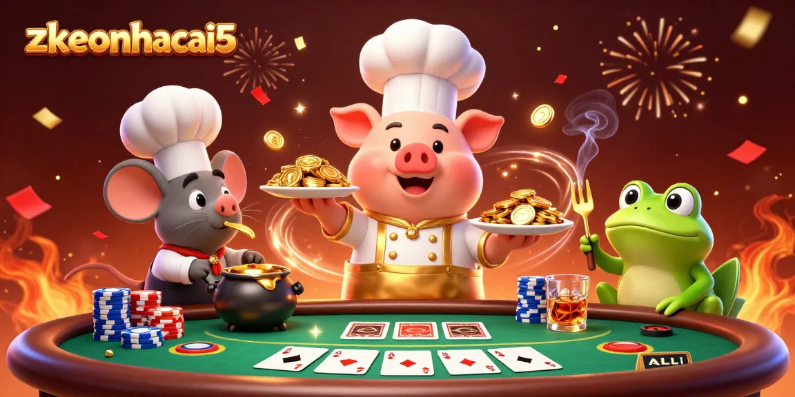Experience the vibrant zkeonhacai5 casino scene with a chef pig, tasting sous-chef mouse, and critic frog.