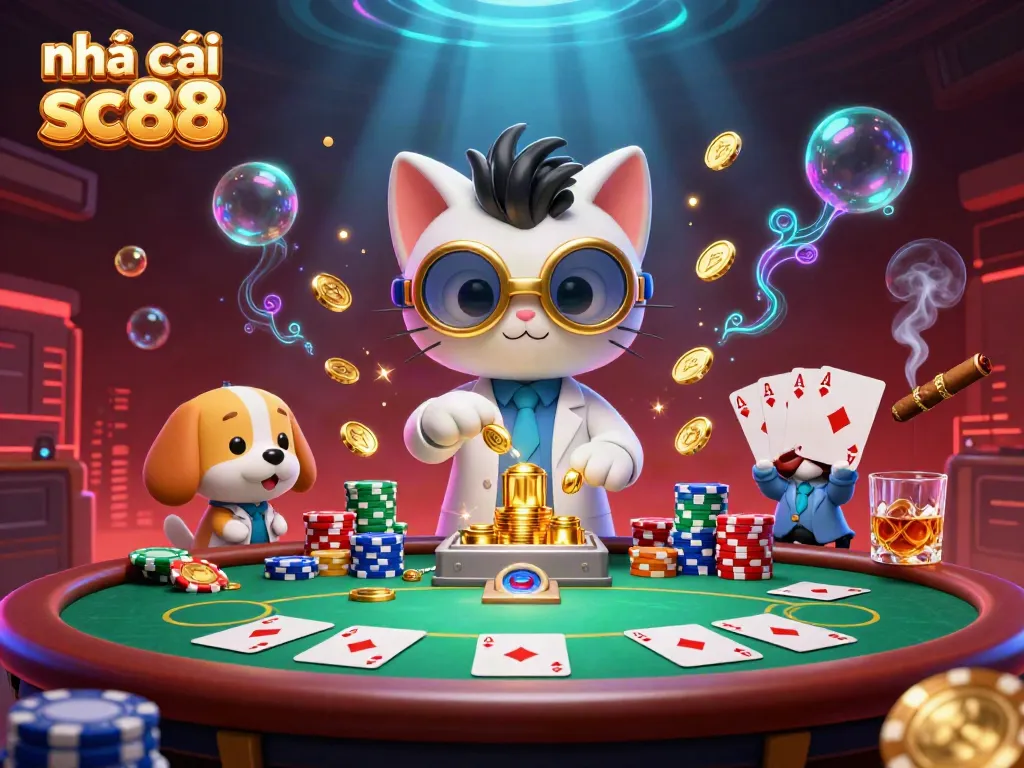 Experience the excitement of nhà cái sc88 with a lively 3D casino scene featuring characters and poker elements.