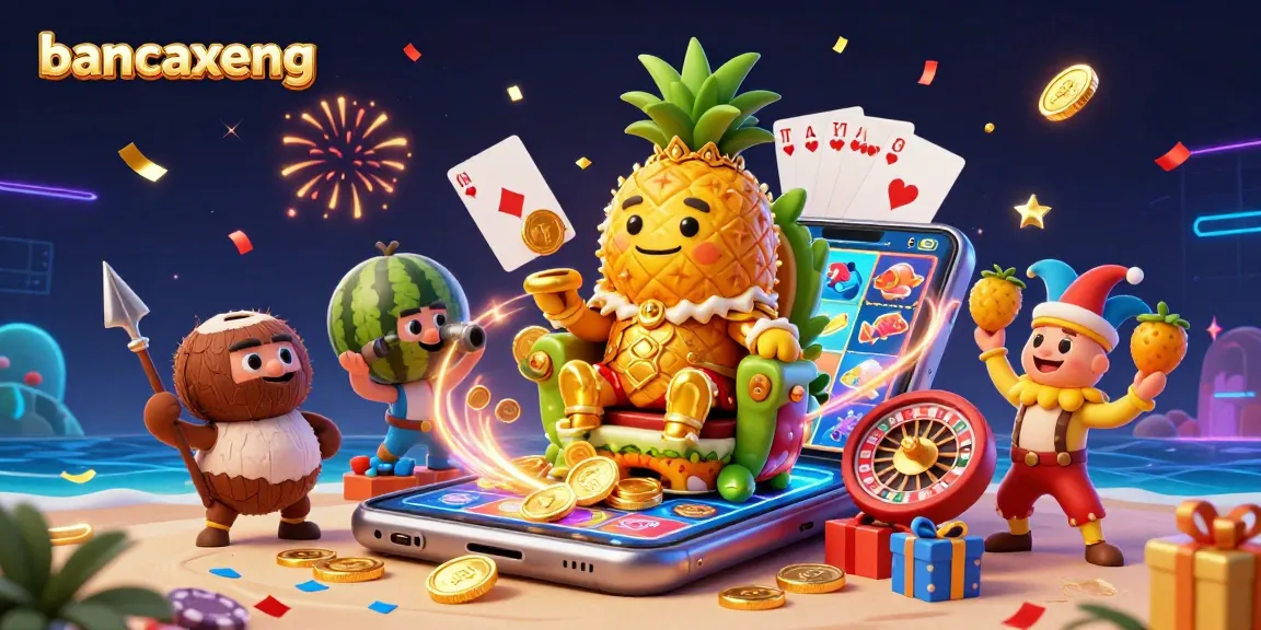 Bancaxeng delivers an electrifying ocean adventure with a golden pineapple king and gaming elements erupting in celebration.