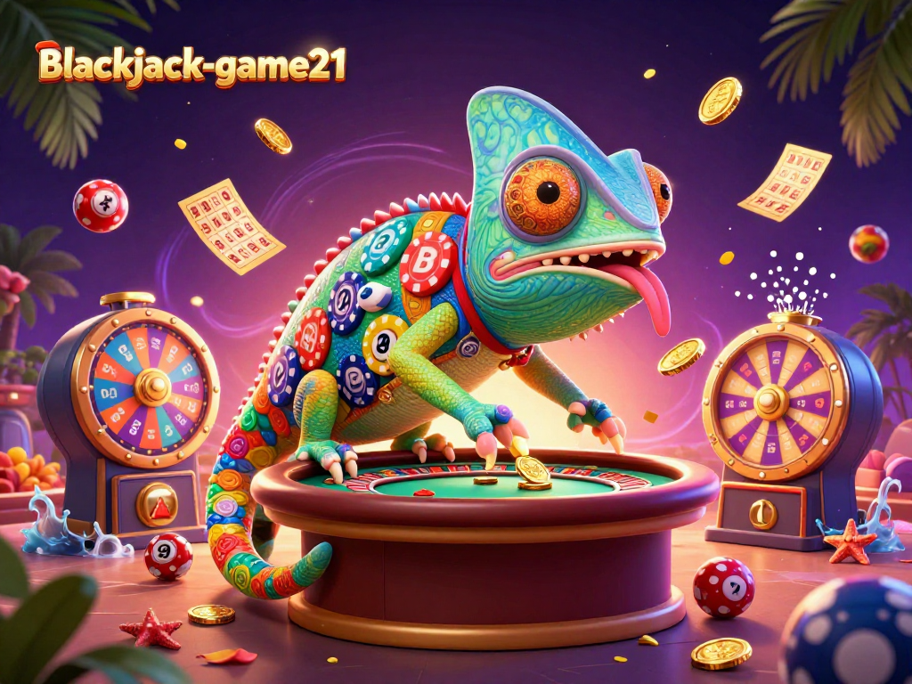 Engage in the excitement of blackjack-game21 featuring a colorful chameleon casino owner and dynamic game elements.
