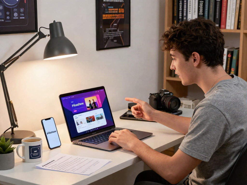 Pikashow apk download demonstrated on a laptop in a modern workspace