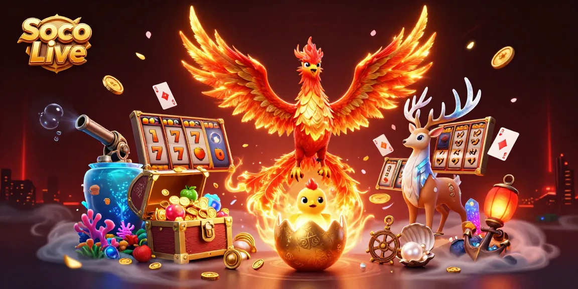 Soco Live showcases a vibrant casino scene with a phoenix and baby chick amid jackpot reels and gold coins.