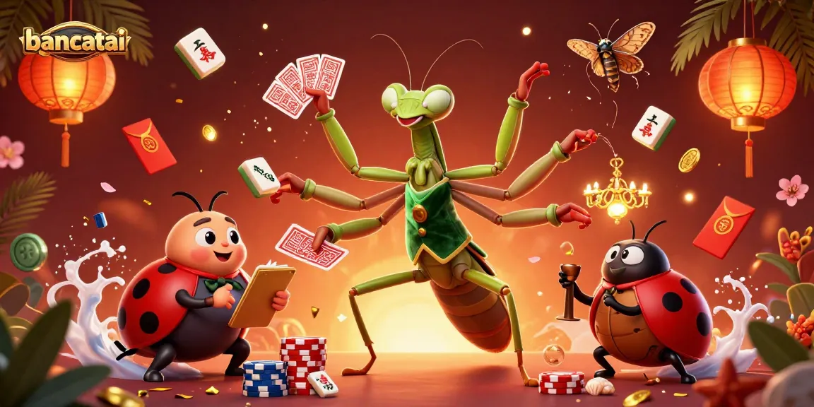 bancatai features an energetic casino scene with a giant praying mantis card sharp and vibrant game elements.